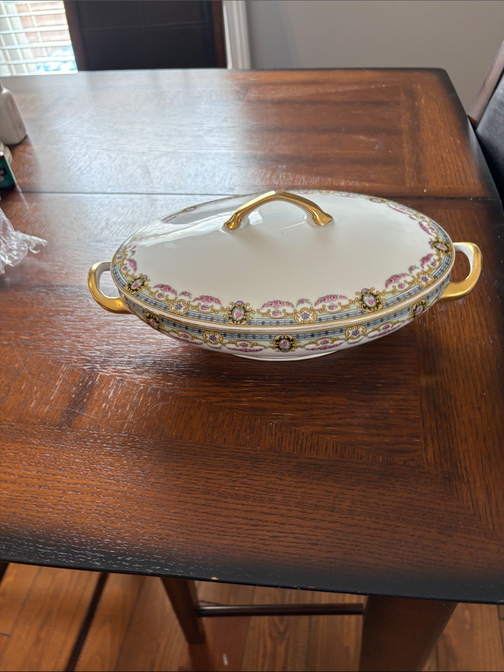 Victorian (Czech) Oval Covered Vegetable Dish, Delicate Pink Rose Pattern